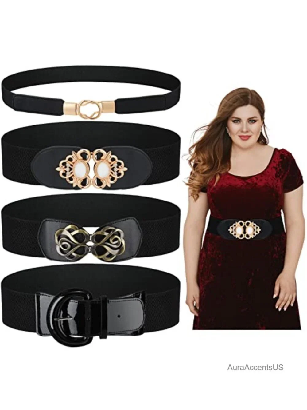 4 Stretchy Plus Size Waist Belts with Elastic Band Faux Leather Metal Buckle